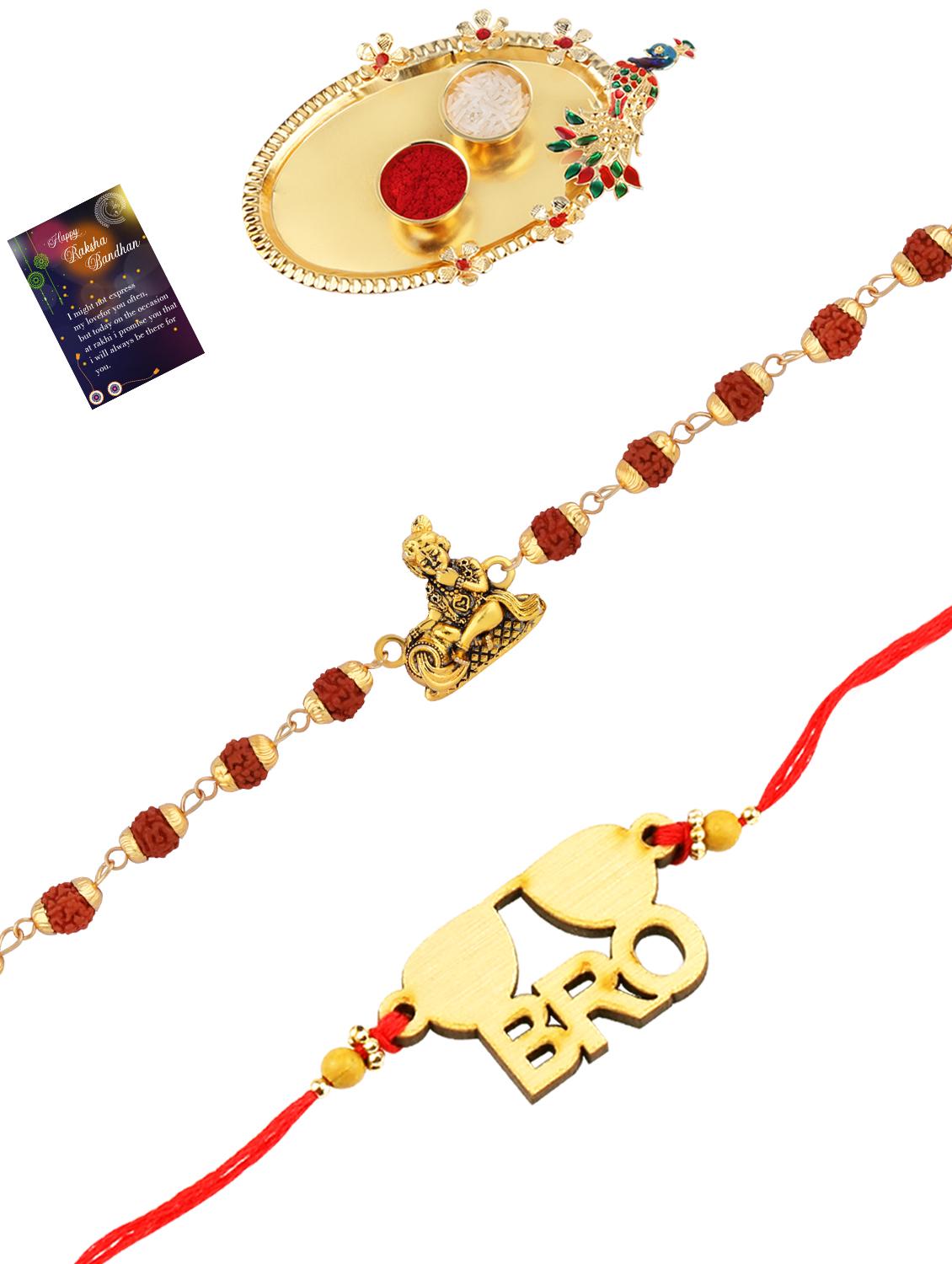 pack of 2 rakhi set with roli chawal, greeting card and kankawati pooja thali