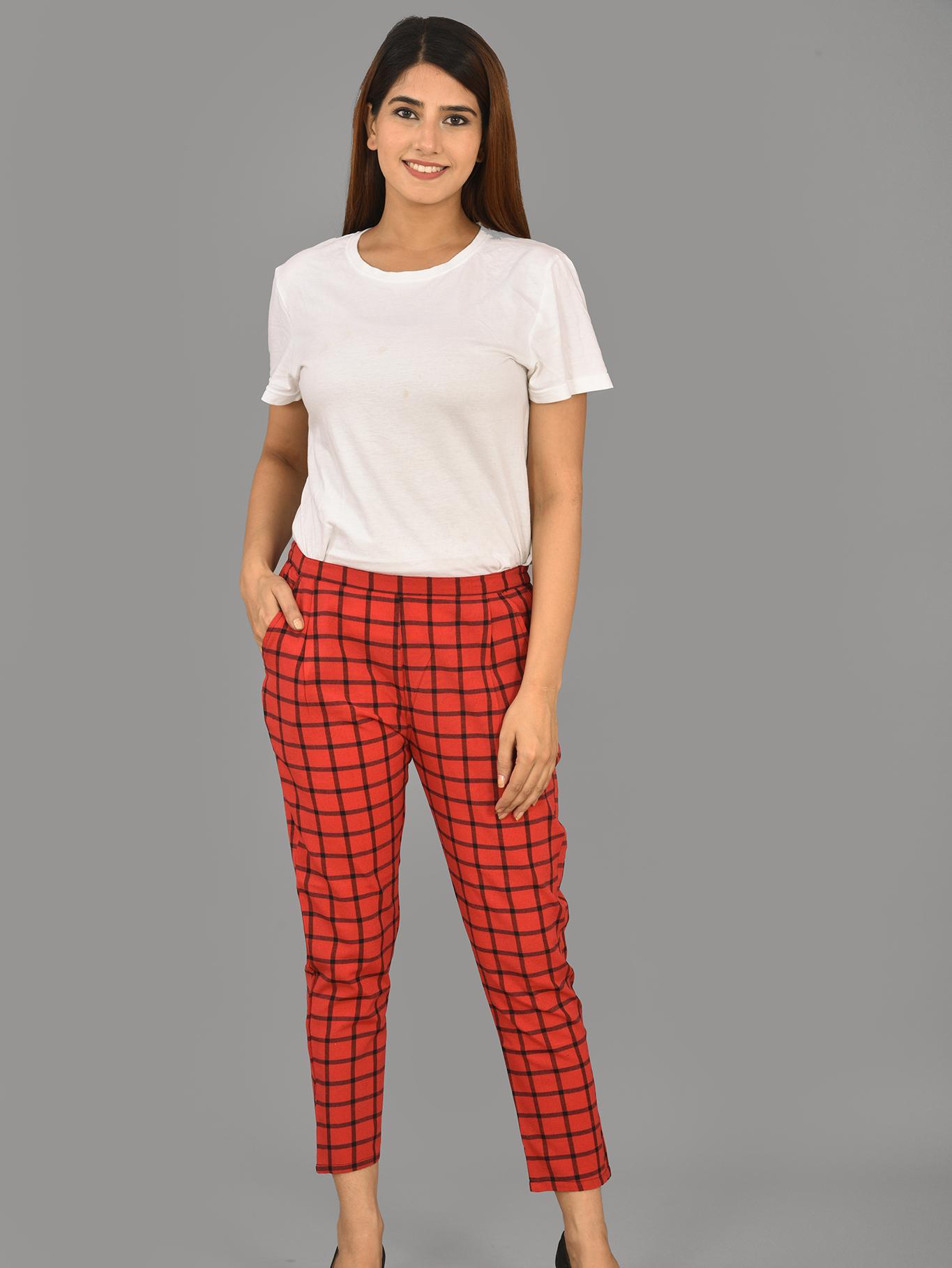 women checks print cigarette pant trousers