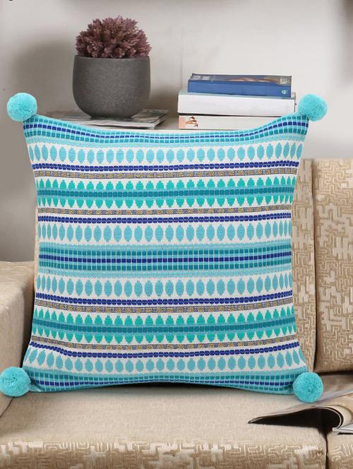 stave collection by mezposh : pink & multi acrylic jacquard striped cushion cover with pompoms (16x16in) - 17977645 -  Standard Image - 0