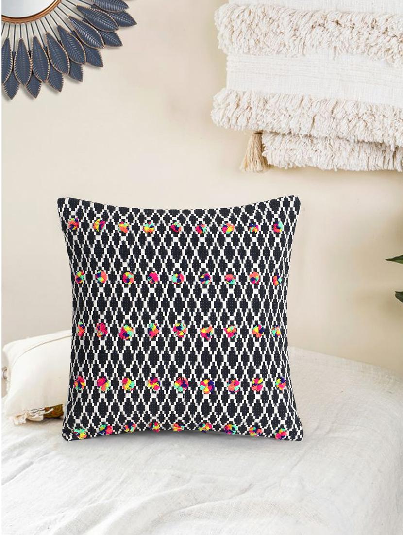 mezposh acoustic black, white & multi cotton jacquard quirky pompom cushion cover (16"x16")