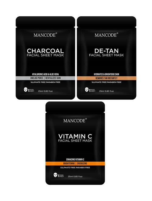 mancode charcoal, vitamin c and de tan facial sheet mask, 25 ml each, pack of 3 - 18002660 - Very Small Image - 1