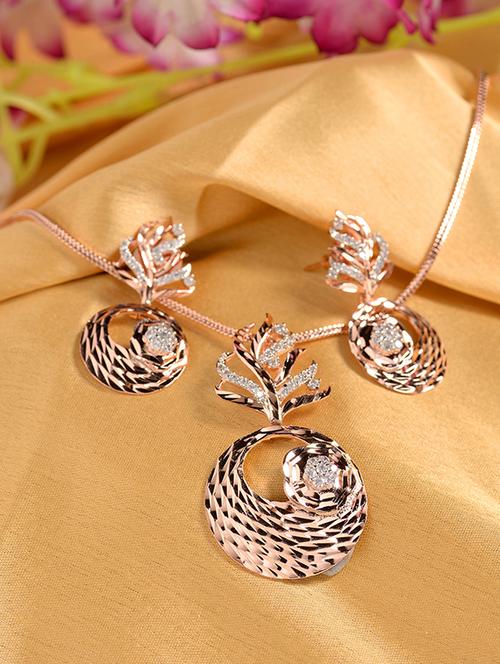 rose gold plated studded round pendant earrings set with chain - 18002737 -  Standard Image - 0