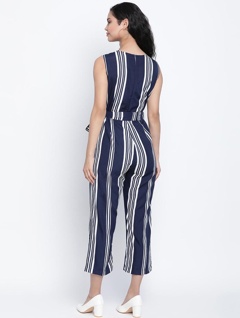 tie front striped full leg jumpsuit - 18014705 - Standard Image - 2