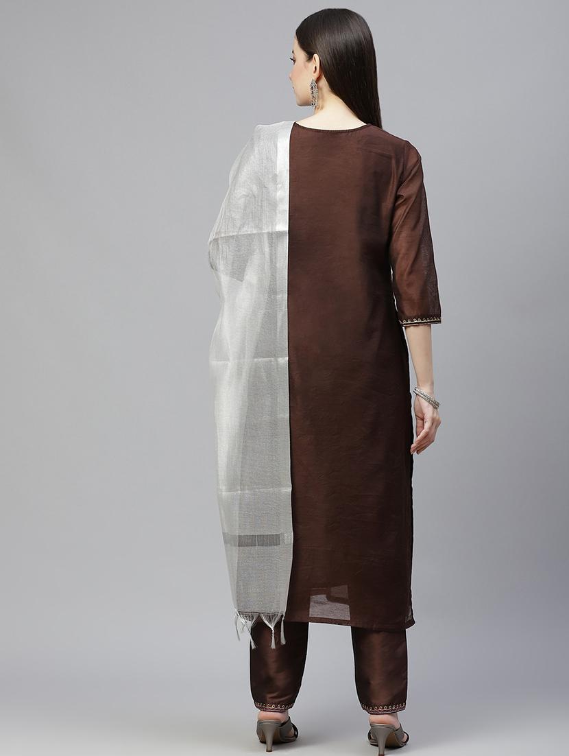 brown chanderi suit set - 18018908 - Zoom Image - 2