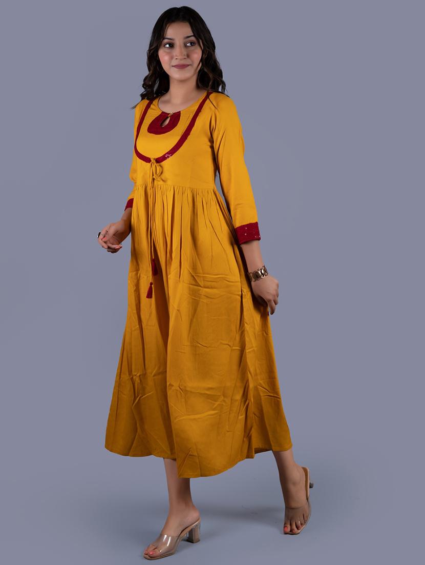 yellow rayon flared ethnic dress - 18041159 - Zoom Image - 2