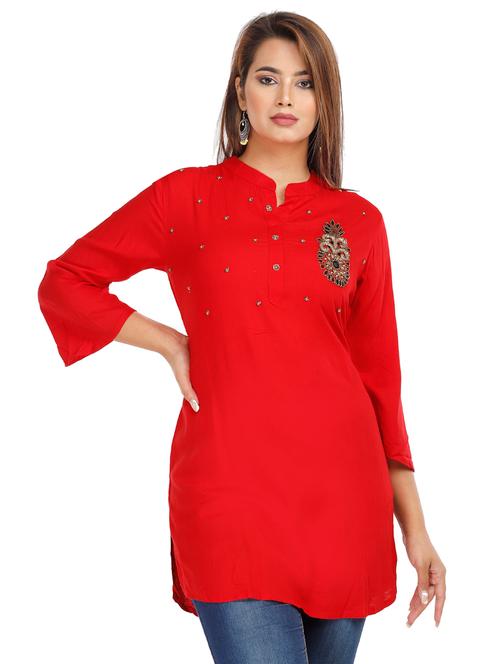 red embellished straight kurti - 18043023 -  Standard Image - 0