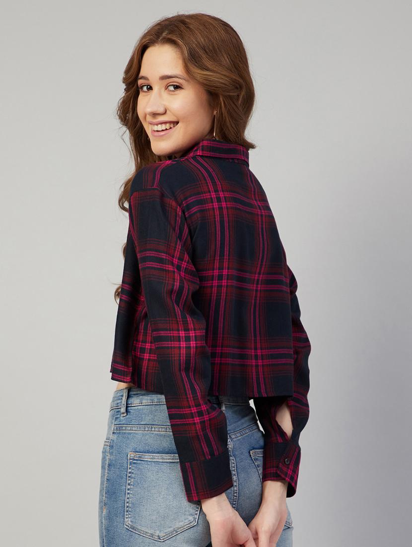 long sleeved checkered crop shirt - 18052464 - Standard Image - 2