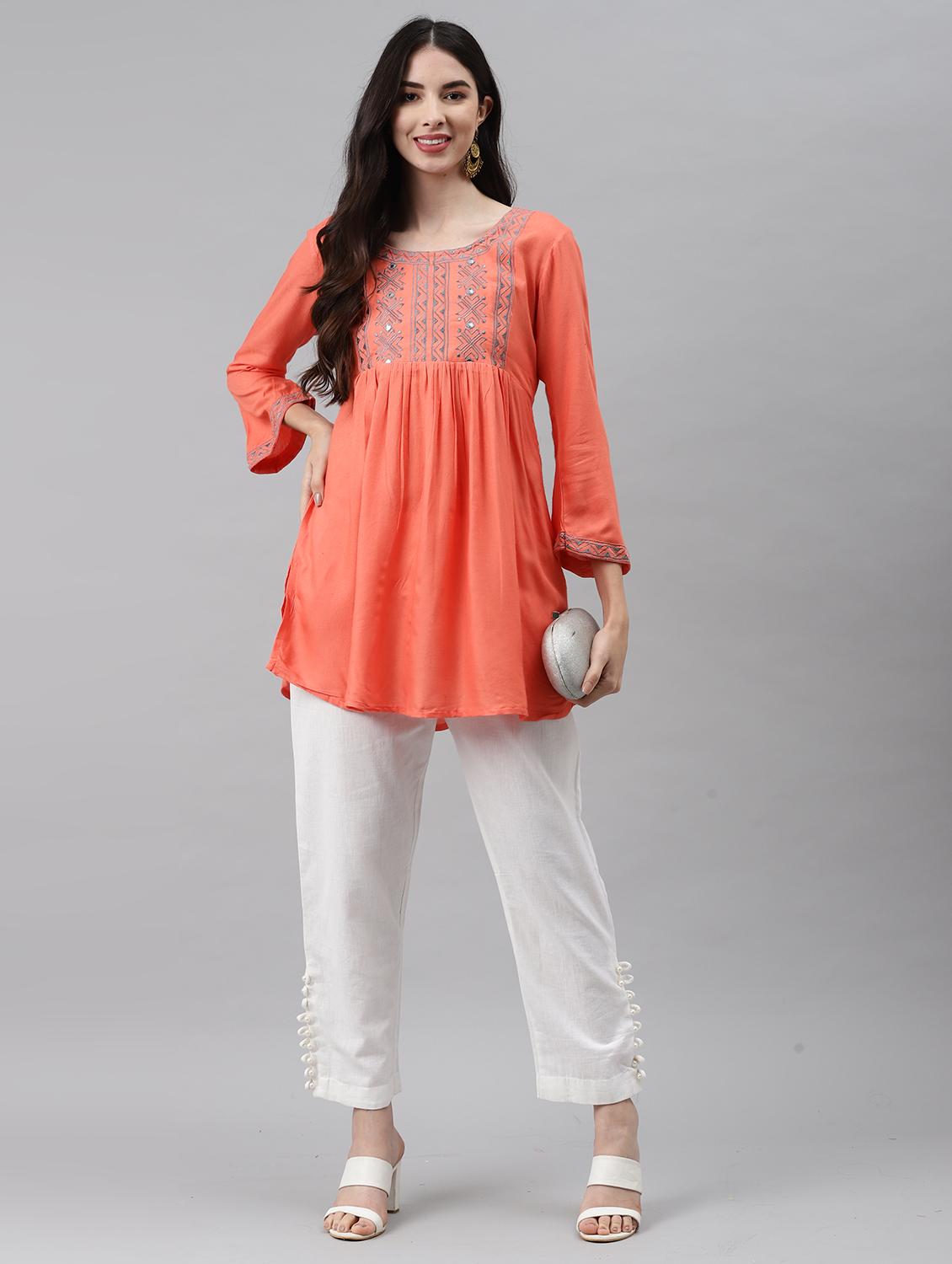 peach a-line embroidered kurti - 18141215 - Standard Image - 3