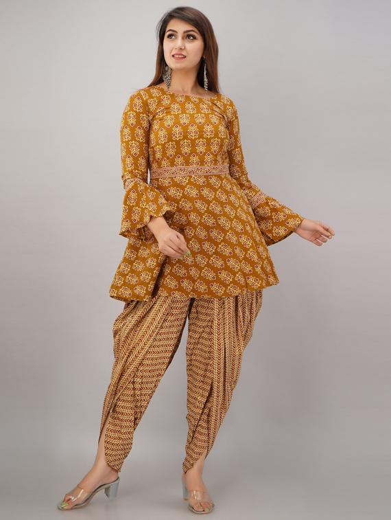 women mustard floral dhoti kurta set