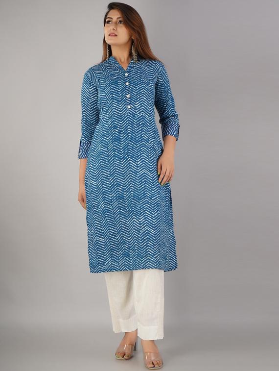 women blue chevron kurta pant set - 18145191 -  Standard Image - 0