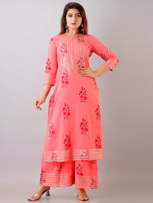pink cotton kurta palazzo set - 18145203 - Standard Image - 0