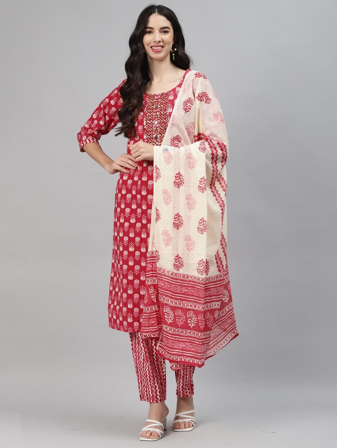 women three quarter sleeve kurta pant with dupatta set