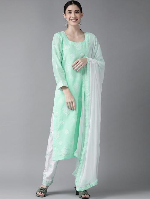 ada hand embroidered sea green cotton lucknowi chikankari unstitched suit piece	 - 18172881 - Very Small Image - 1