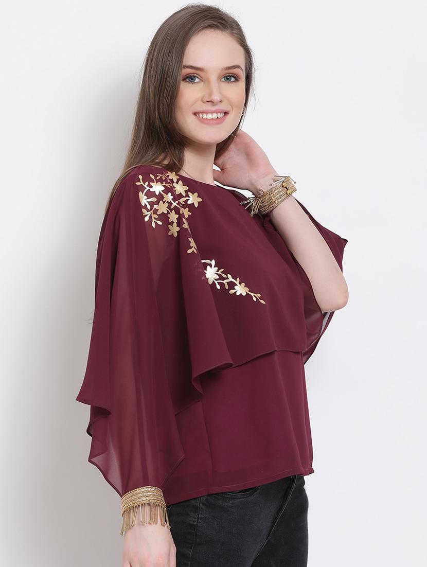 women maroon foil print boat neck layered top - 18204930 - Standard Image - 2