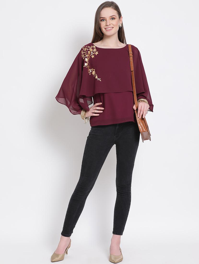 women maroon foil print boat neck layered top - 18204930 - Standard Image - 4