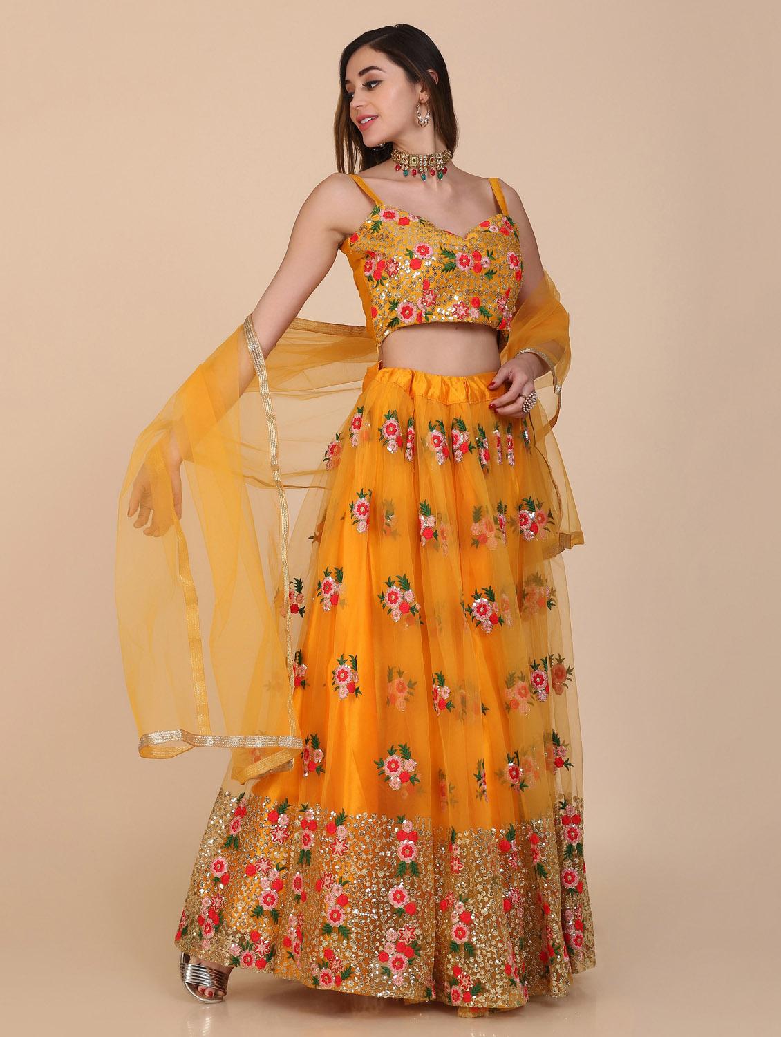 mustard net flared lehenga - 18210846 - Zoom Image - 2