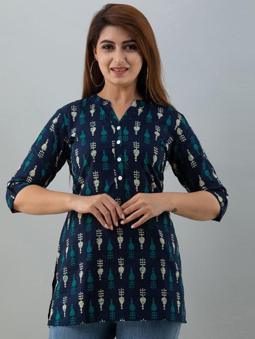 dark blue printed regular tunic - 18212273 - Standard Image - 0