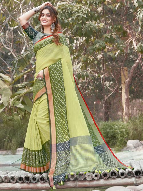 women's self design lime colored saree with blouse - 18217369 - Very Small Image - 1