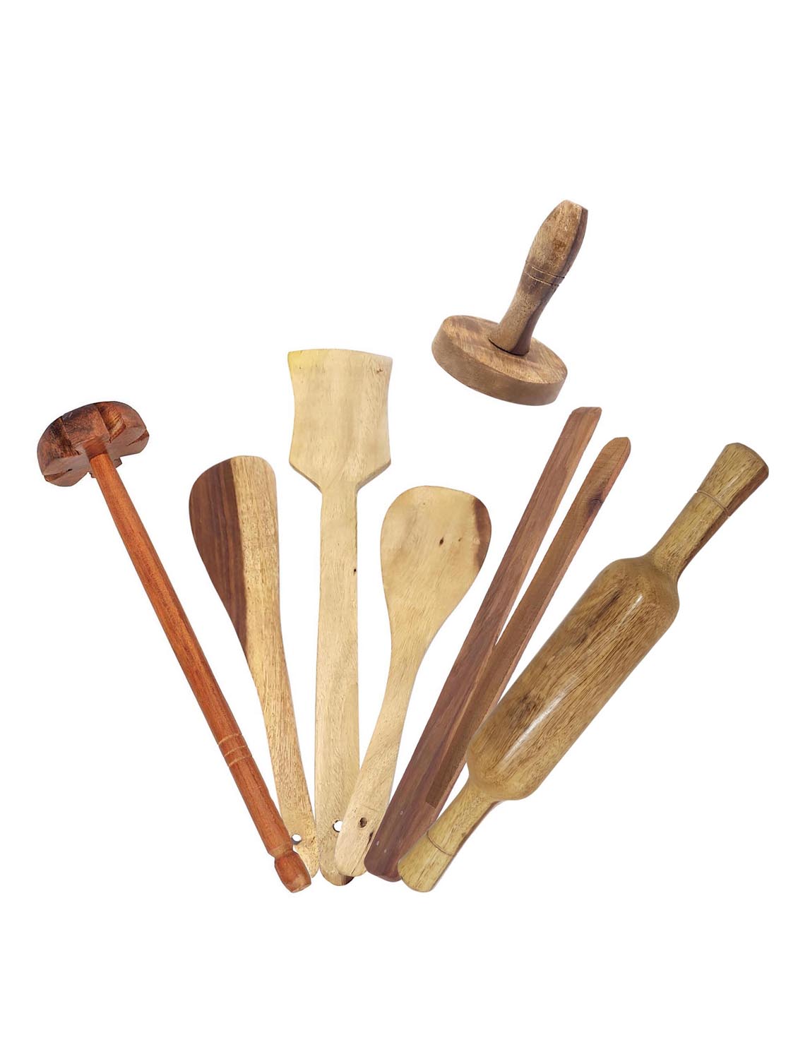 buzykart? brown wooden kitchen tool set of 7