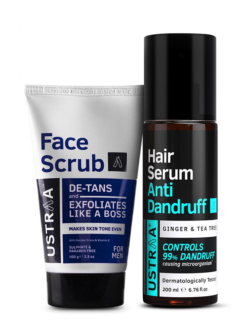 ustraa anti dandruff hair serum 200ml & de-tan face scrub 100g