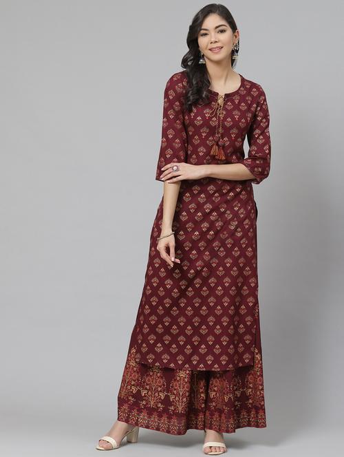 red rayon kurta palazzo  set - 18261082 - Very Small Image - 1