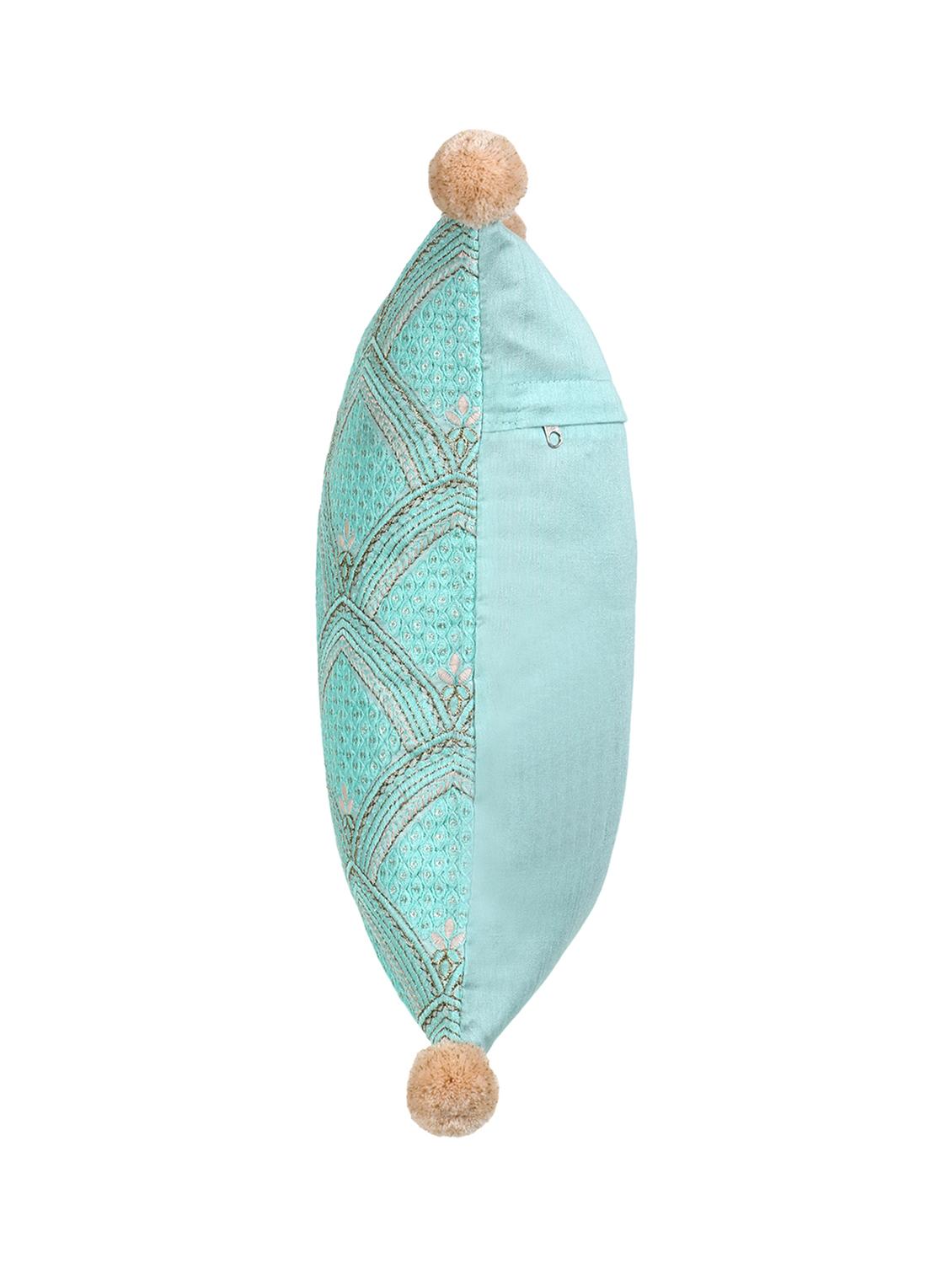 mezposh tribal sea green & coral ethnic motifs embroidered faux silk cushion cover (16"x16") - 18308577 - Zoom Image - 4