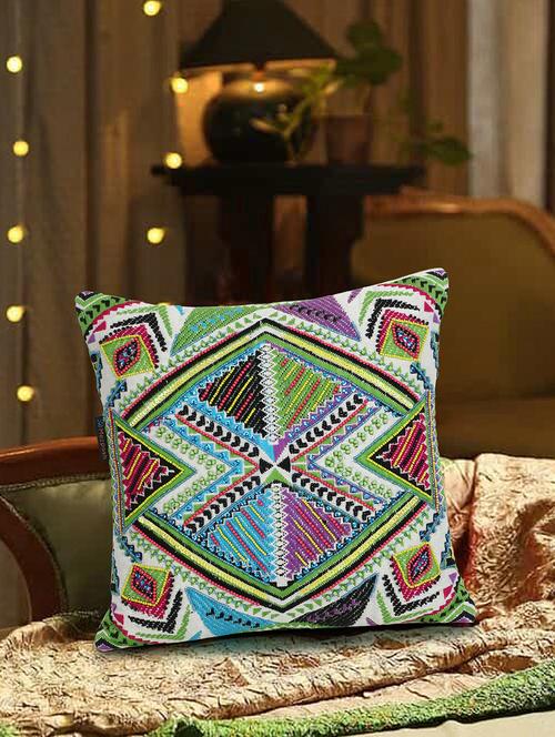 mezposh tribal natural & multi ethnic motifs embroidered cotton cushion cover (14"x14" ) - 18308584 - Standard Image - 0
