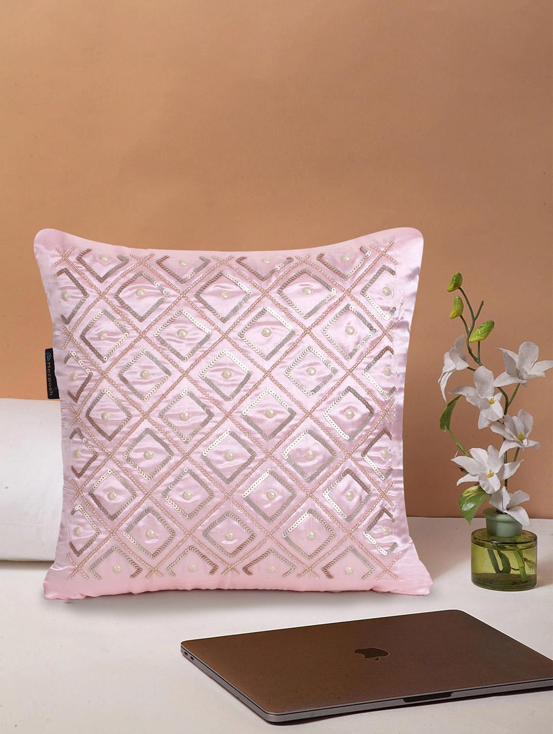 mezposh dazzle baby pink geometric embellished satin cushion cover (14"x14") - 18308590 -  Standard Image - 0