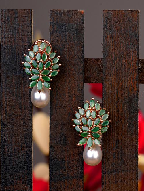 rose gold plated green ad studded luxurious pearl drop earrings - 18321019 - Standard Image - 0