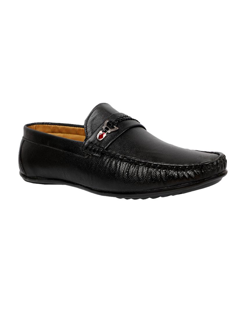 black synthetic slip on loafers