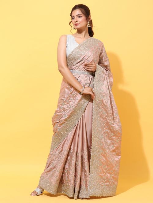 peach crepe embroidered saree with blouse - 18322919 - Very Small Image - 1