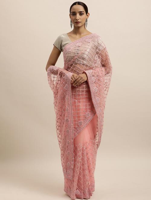 peach net embroidered saree with blouse - 18323210 - Very Small Image - 1