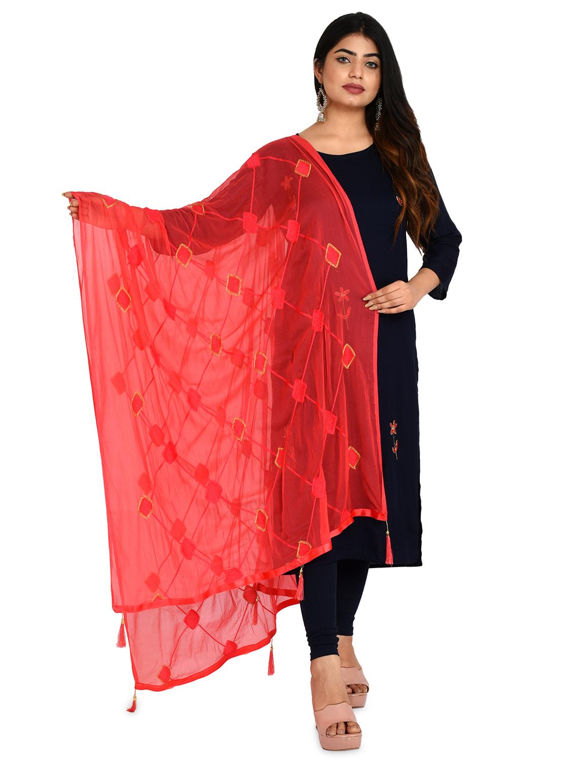 red embroidered dupatta - 18324684 -  Zoom Image - 0