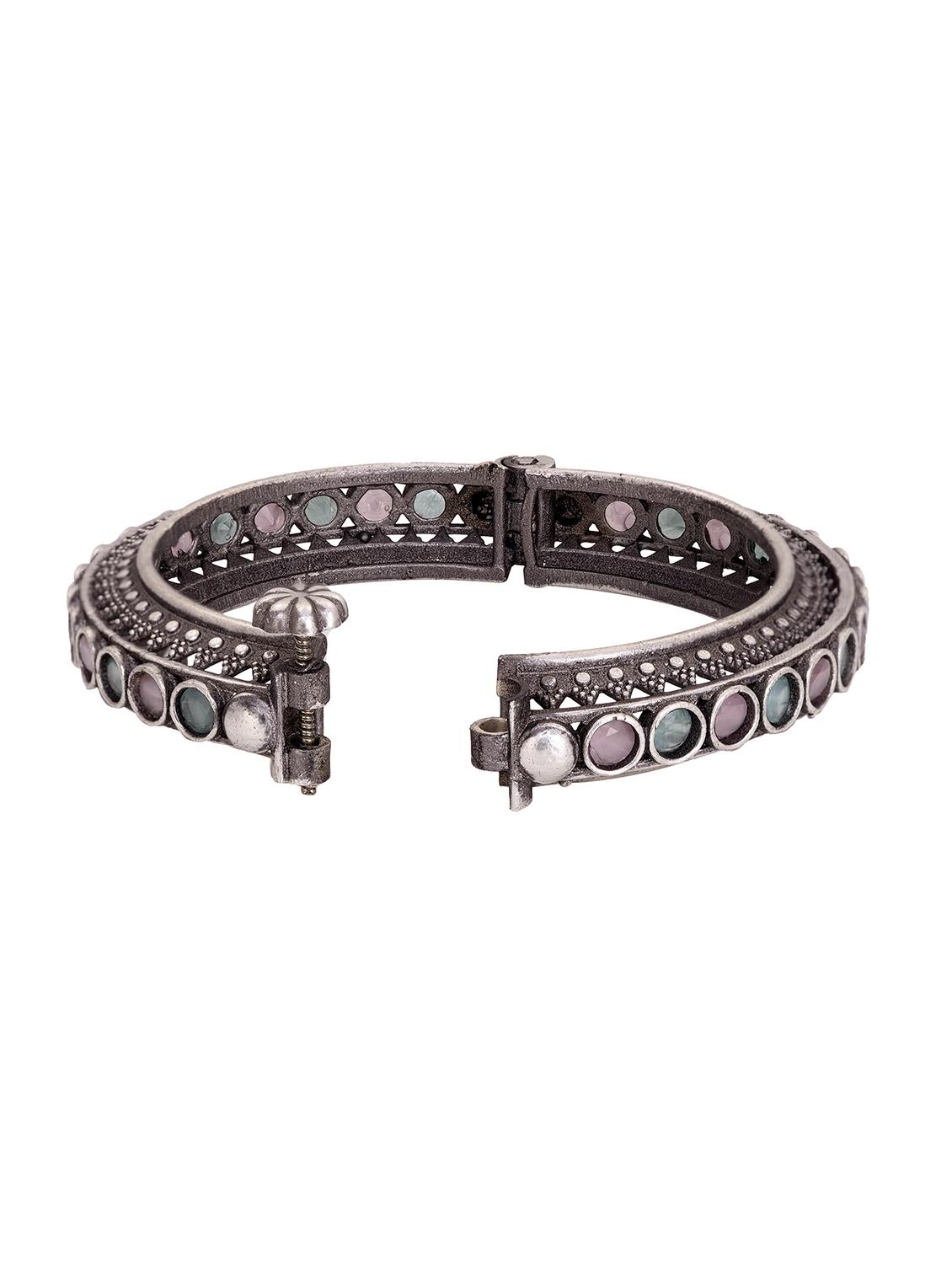 oxidized silver toned pink mint stone studded openable kada bracelet - 18327156 - Zoom Image - 2
