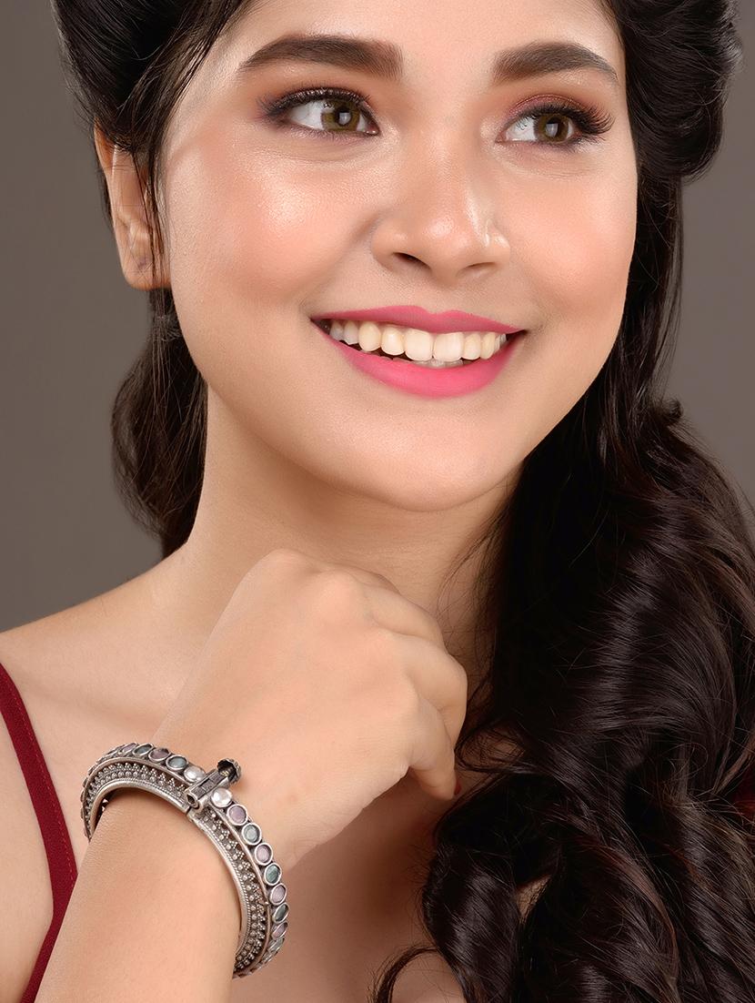 oxidized silver toned pink mint stone studded openable kada bracelet - 18327156 - Standard Image - 4