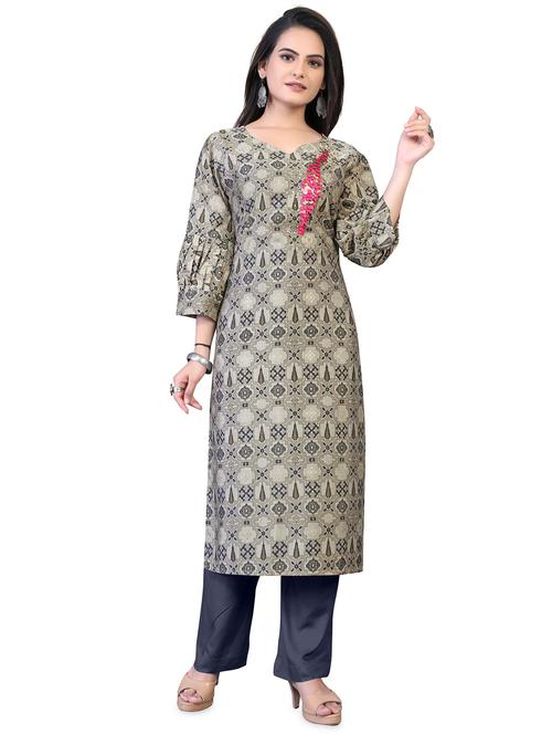 grey floral straight kurta - 18338466 - Very Small Image - 1