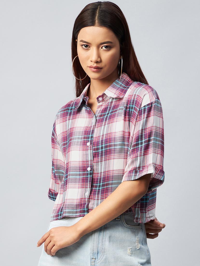 short sleeved checkered crop shirt - 18342590 - Zoom Image - 0