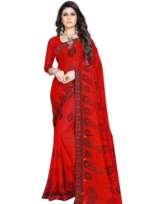 red georgette printed saree with blouse - 18351281 - Very Small Image - 1