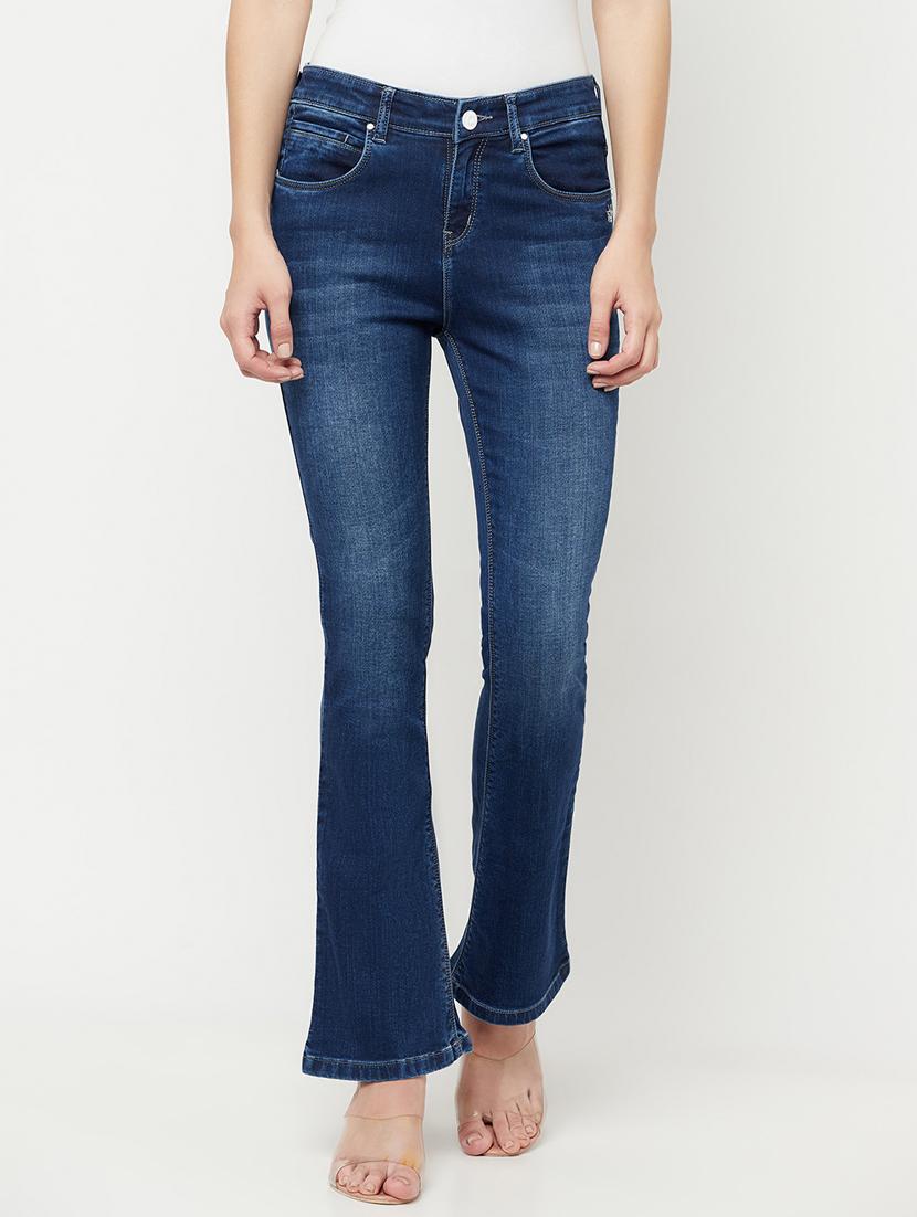 blue mid rise acid washed bootcut jean