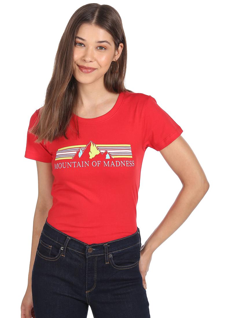 women's chest print round neck t-shirt - 18358176 - Standard Image - 2