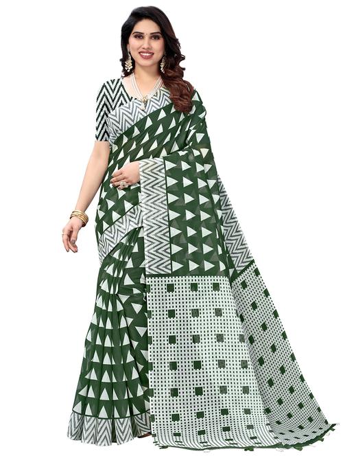 green cotton blend printed saree with blouse - 18370274 -  Standard Image - 0