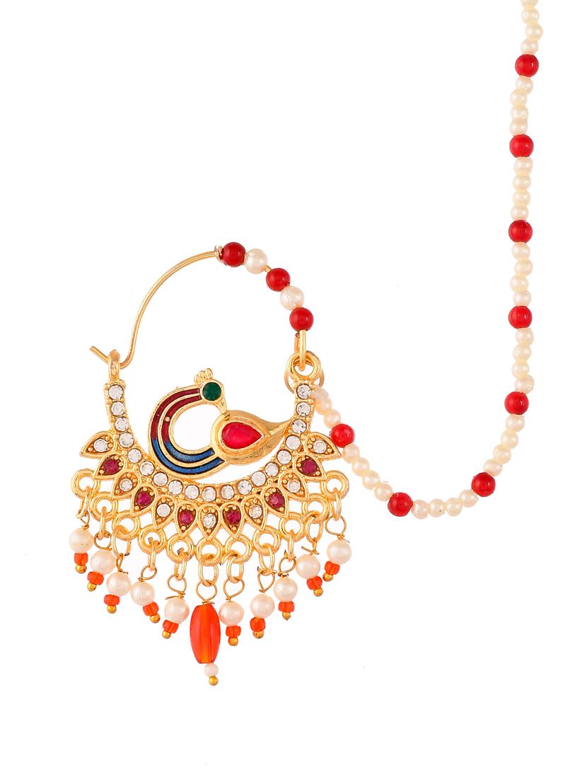 gold plated meenakari pearl beaded chained nose ring - 18372012 - Standard Image - 2