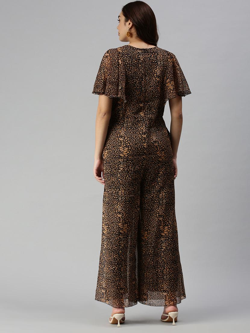 v-neck animal print full leg jumpsuit - 18372218 - Standard Image - 3