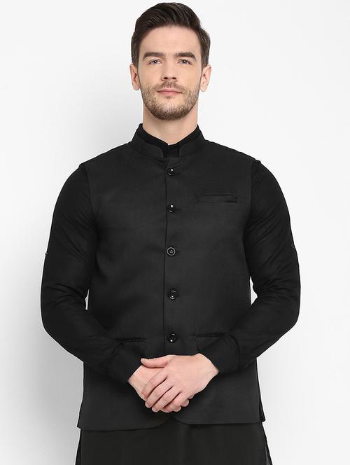 black solid nehru jacket - 18377249 - Very Small Image - 1