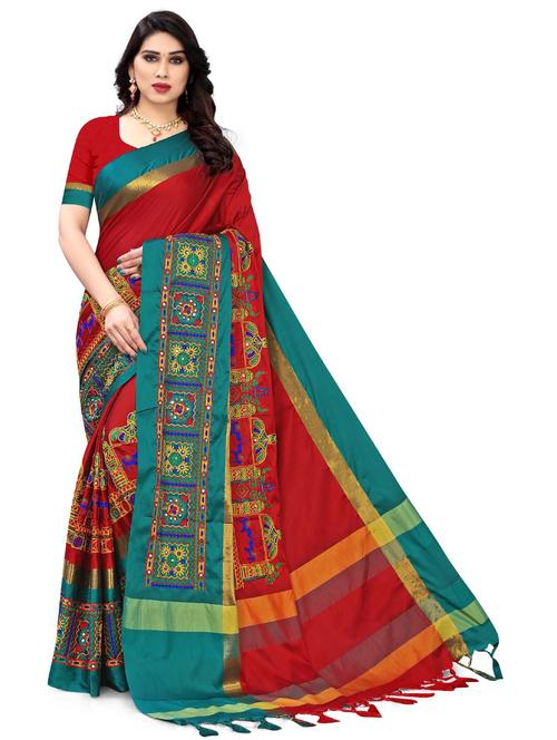 red cotton silk embroidered saree with blouse - 18386743 -  Standard Image - 0