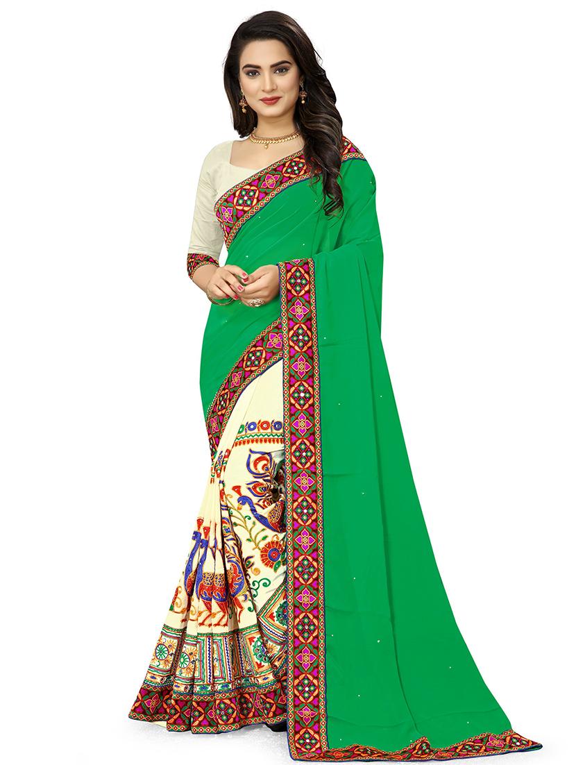 women's color block green colored saree with blouse