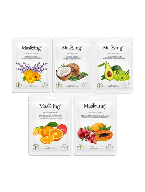 masking bamboo facial sheet mask of lavender, coffee, gooseberry, orange & papaya ideal for women & men (combo pack of 5) - 18398599 - Standard Image - 0