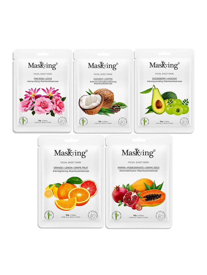 masking bamboo facial sheet mask of pink rose, coffee, gooseberry, orange & papaya ideal for women & men (combo pack of 5)