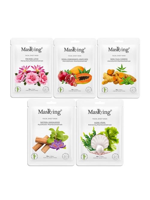 masking bamboo facial sheet mask of pink rose, papaya, neem, saffron & algae ideal for women & men (combo pack of 5) (100 g) - 18398609 - Standard Image - 0