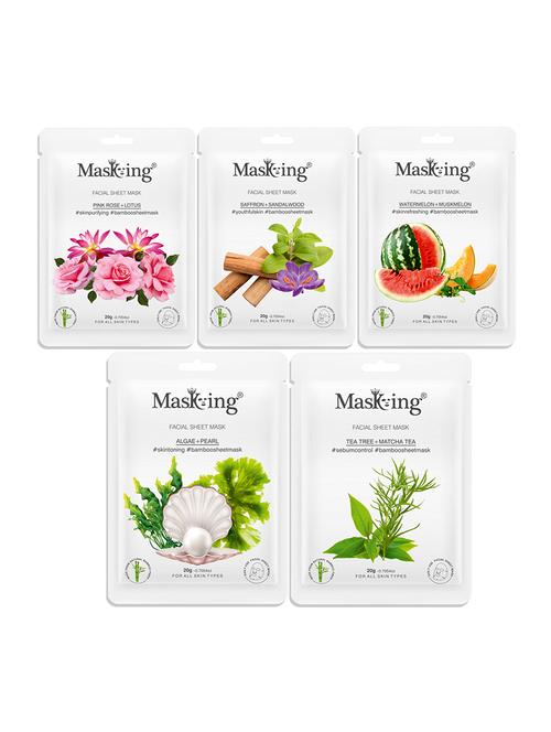 masking bamboo facial sheet mask of pink rose, saffron, algae, watermelon & tea tree ideal for women & men (combo pack of 5) - 18398611 - Standard Image - 0